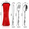 Set de cubiertos de acero inoxidable de tres piezas para Amazon, que incluye cuchillo para bistec, tenedor y cuchara, en una bolsa de tela creativa, adecuado para estudiantes y uso al aire libre