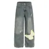 Jeans Americano Retrô Lavado Rasgado Patchwork Borboleta para Homens e Mulheres, Primavera e Outono 2026, Calça Casual Larga de Perna Reta Solta