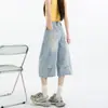 Pantalones Vaqueros Americanos Sueltos Cropped para Mujer Verano Personalidad Pierna Ancha High Street Petite Rectos de Longitud Media para Mujer