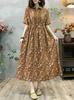 Vestido de verano con encaje vintage artístico, de algodón y lino, floral, de manga corta, largo y ajustado, con falda tipo A.