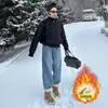 Jeans Reto Espesso com Forro de Fleece para o Inverno 2025 para Mulheres, Tamanho Grande, Cintura Alta, Caimento Solto, Emagrecedor, Versátil, Calça de Perna Estreita ou Larga