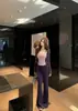 Cárdigan de punto morado de manga larga con top de tirantes, conjunto de otoño para mujer, pantalones largos de cintura alta con cordón, ligeramente acampanados, conjunto de tres piezas