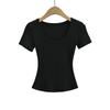 Estilo Francés Sexy Ajustado Elástico Ceñido Top Corto Mujer Deseo Puro Cuello U Grande Cintura de Relojería con Hilo Camiseta de Manga Corta