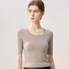 Camiseta base fina de punto de manga corta y cuello redondo 100% lana de hilo simple del Yangtsé para mujer, ajuste ceñido