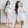 Em estoque traje de maternidade verão 2025 nova moda mulheres grávidas top de chiffon shorts conjunto de duas peças para mulheres grávidas