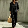 Conjunto Feminino de Duas Peças 2026 Casual Europeu e Americano Transfronteiriço, Gola Lapela, Meio Botão, Manga Longa, Cor Sólida, Estilo Preguiçoso, Calça Wide Leg