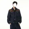 Chaqueta de mezclilla retro americana para hombre, nuevo estilo de otoño, patchwork de gamuza con costuras de contraste, top casual versátil con cuello de solapa