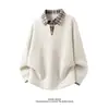 Sudadera de Retazos a Cuadros Falsa de Dos Piezas con Cuello Polo para Hombres y Mujeres Primavera y Otoño Holgada Retro Solapa Manga Larga Top Chaqueta de Moda