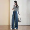 Jeans femininos de outono de cintura alta com controle de barriga, perna larga, corte reto, caimento solto, com efeito de drapeado, valorizam a silhueta e a altura, calças de perna larga com corte curvo