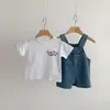 Conjunto de Peto y Camiseta para Niños Verano Bebé Blanco Manga Corta Pantalón Corto de Mezclilla Conjunto de Dos Piezas Camiseta Blanca Peto
