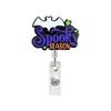 Porta-credencial acrílico con brillos para personal médico con temática de Halloween, con diseño giratorio y retráctil, con motivos de calabaza y fantasma