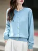 Suéter 100% Lana para Mujer Cuello Redondo Cardigan Engrosado Holgado Adelgazante Capa Base Simple Versátil Clásico de Punto Abotonado
