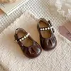 Zapatos de Niña Mary Jane Vintage de una Sola Hebilla para Niños y Mujeres Color Sólido Punta Redonda Bajos Zapatos de Princesa para Niñas Correa en T Hebilla de Perla Zapatos Pequeños de Cuero