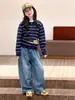 Conjunto de Otoño para Niñas Medianas y Grandes Ropa Infantil Niños Niñas Suéter de Rayas Tejido Cárdigan Jeans Conjunto de Dos Piezas Moderno