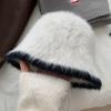 Sombrero de pescador de piel de conejo de peluche para mujer, nuevo gorro de lavabo de otoño e invierno 2023, estilo coreano pequeño con cara de cara, bonito y dulce gorro de pescador de punto.