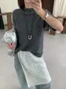 26 Tricô de Cashmere Suave Estilo Coreano para Outono Inicial, Gola Alta Meia, Manga Curta, Modelo Solto 60609