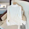 Camisa base de renda de gola semi-alta feminina para outono e inverno, modeladora, fashion, estilosa, top de tricô branco