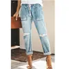 Deseo Transfronterizo Aliexpress Jeans de Mujer Moda Casual Calle Tendencia Estilo Coreano Pantalones Rectos Pantalones Rotos
