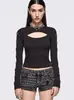 Moda Elegante Nueva de Otoño e Invierno Transfronteriza Europea y Americana Color Sólido Puro Cuello Redondo Aro de Acero Hueco Camiseta de Manga Larga para Mujer Aliexpress Cintura