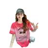 Camiseta Vintage de Moda con Estampado de Dibujos Animados de Algodón Puro para Mujer, Color Dopamina, Bloque de Color, Tie-Dye, Holgada, Elegante, Talla Grande, Adelgazante