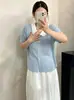 Ropa para mujer de talla grande, top juvenil de color block con cuello de muñeca, cárdigan para mujer, camiseta de manga corta, camisa de punto de talla grande para verano 2026