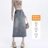 Falda de Mezclilla Color Claro para Cadera Mujer Primavera y Otoño 2025 Tendencia Versátil Nueva Cintura Alta Falda Midi de Línea A con Abertura