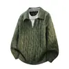 Suéter de punto trenzado vintage con solapa para otoño e invierno para hombre, estilo casual americano, corte holgado, talla grande, punto de imitación de dos piezas con cuello en V