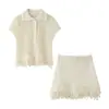 Terno Casual Feminino Estilo Europeu e Americano Transfronteiriço Jaqueta Tricotada com Lapela Xadrez Decorada com Franjas Saia Tricotada de Cintura Alta