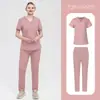 Pantalones Rectos de Talla Grande para Hombre y Mujer Estilo Europeo y Americano Bata de Laboratorio Color Sólido Cuello en V Manga Corta Moda Simple Set de Bata Quirúrgica
