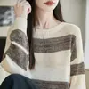 Suéter de Punto a Rayas con Bloques de Color Estilo Coreano para Mujer, Cuello Redondo Holgado Adelgazante de Moda, Capa Base para Suéter de Otoño/Invierno