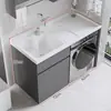 Combinación de armario para lavadora de balcón color crema, armario de lavandería integrado con fregadero y tabla de lavar
