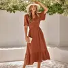 EBay Independent Station 2023 Casual Mulheres Europeias e Americanas Verão Novo Decote em V Manga Folha de Lótus Cor Sólida Vestido Feminino