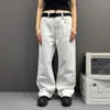 Jeans Off-White Básico Retrô Simples Versátil para Homens e Mulheres Estilo Casal Marca Tendência Calças Retas Soltas de Perna Larga
