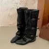 Botas marrones de punta gruesa, botas altas para mujer, nuevo modelo otoño 2026, combinadas con una falda para crear un efecto adelgazante, botas de pierna larga