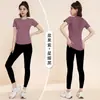 Conjunto deportivo de dos piezas de malla patchwork de ajuste holgado transfronterizo para mujer, cuello redondo, transpirable, adelgazante, para yoga y fitness, manga corta