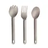 Juego de cubiertos de titanio puro, que incluye una cuchara para remover de mango largo, un tenedor y un cuchillo de cena, adecuado para acampar al aire libre y viajes ligeros.