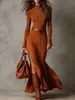 Vestido Largo Estilo Oscuro 2025 Invierno Venta Caliente Transfronteriza Alta Calidad Elegante Temperamento Abertura con Cinturón Cremallera