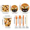 Conjunto de Pratos de Papel Descartáveis, Copos e Guardanapos de Gato de Halloween Decoração de Festa de Aniversário Suprimentos Adereços para Arranjo do Local