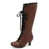 Novas botas de cano alto com amarração frontal para outono e inverno, de comércio exterior do fabricante, estilo europeu e americano feminino, salto grosso, bico redondo, tira cruzada, cano alto, tamanho grande, botas de montaria