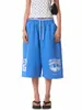 Calça Cropped Wide-Leg com Estampa de Letras Estilo Retro Americano Transfronteiriça para Homens e Mulheres, Shorts Soltos de Cintura Elástica de Verão