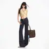 Jeans de mezclilla para mujer acampanados retro de tiro bajo, no se decoloran, de doble botón, pantalones largos azul mezclilla, azul mezclilla extralargos, Algodón Chun