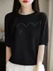 Camiseta Feminina de Malha Fina 2026 Nova Verão com Strass Gola Redonda Manga Curta Tencel Caimento Solto Top de Meia-Manga que Cobre a Barriga