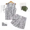 [Dropshipping/Venta al por mayor] Conjunto de pijama de verano para mujer con top de punto de algodón, estampado de dibujos animados, ropa de casa, talla grande