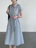 Vestido Simples de Verão Taochuan 26 para Trabalho, com Gola, Ajuste na Cintura e Comprimento Médio para Mulheres, Elegante e Emagrecedor com Amarração na Cintura M8753