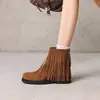 Botas de Cuero para Mujer Otoño e Invierno, Tacón Bajo, Talla 43, Suela Suave Antideslizante, Botas con Borlas, Punta Redonda, Estilo Europeo y Americano, Tacón Cuadrado, Botines para Mujer