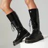 Tamanhos 35-48 Botas Femininas de Salto Médio para Outono e Inverno, Sapatos Femininos de Couro Patente Cross-Border, Bico Redondo, Sola Grossa, Impermeáveis, Plataforma, Botas Femininas Europeias e Americanas