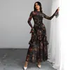 Nuevo Vestido Negro Estampado Europeo y Americano Manga de Hoja de Loto Estampado de Plantas y Flores Vestido de Nicho Vestido Largo de Vacaciones para Mujer