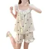 Pijama com Bojo para Mulheres, Verão Fino Algodão Nuvem Renda Alças Curtas, Doce Desenho Animado Menina Roupa de Casa