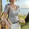 Top de Mujer de Moda Transpirable de Canalé con Cuello Cuadrado de Manga Corta de Color Sólido Clásico Estilo Hong Kong para un Look Juvenil