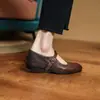 Zapatos Mary Jane Lavados a la Piedra de Piel de Caballo para Mujer, Planos de Boca Baja, Nuevos de Otoño e Invierno, Piel Genuina, Punta Redonda, Hebilla, Bajos, Planos Retro